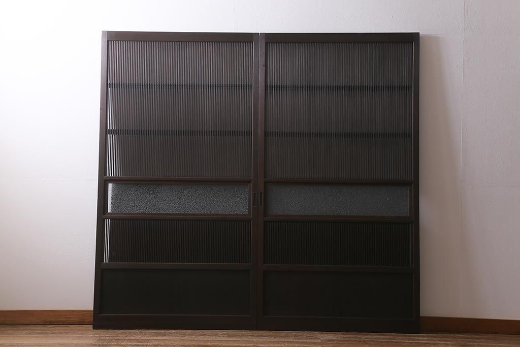 万本格子戸2枚セット 結霜ガラス アンティーク 建具 R-041227