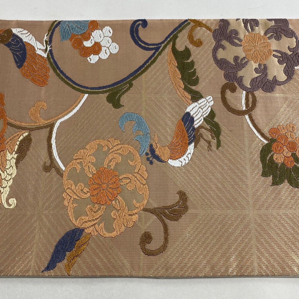 袋帯 美品 秀品 鳥 花唐草 唐織 箔 薄オレンジ 六通 正絹 【中古