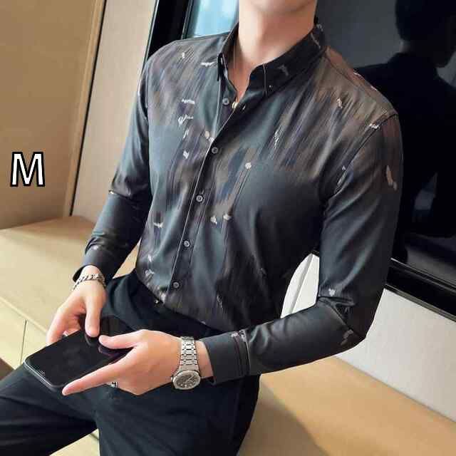 [M ]春 コーデ メンズ  服 シンプル ファッション オシャレ 大人 かっこいい 大きいサイズ ストリート 紳士服 ハイエンド レトロ プリント シャツ 長袖 ビジネス カジュアル スリム