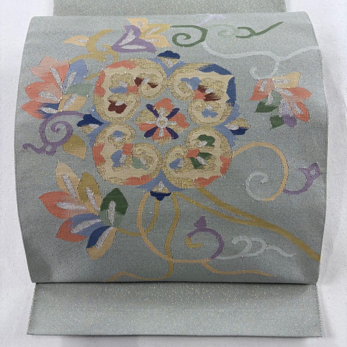 名古屋帯 秀品 八寸名古屋帯 松葉仕立て トンネル仕立て 花唐草 華文 金銀糸 灰緑 正絹