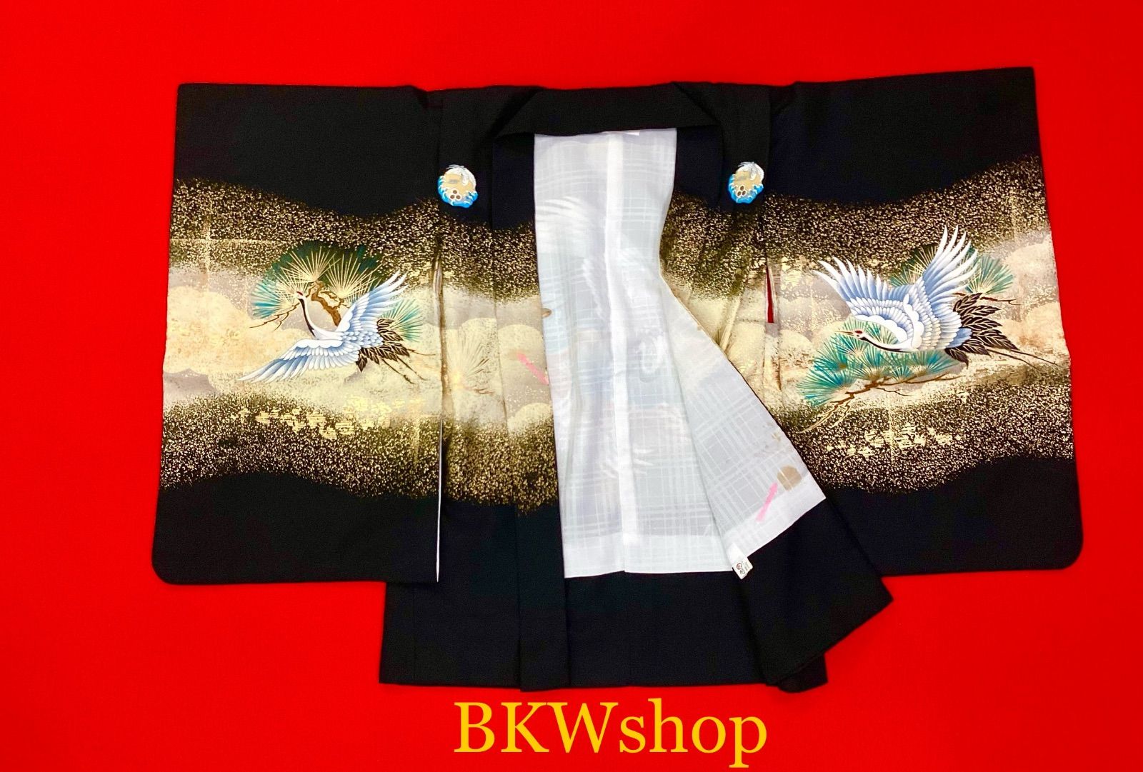 現品限り 品 ３才 男児 羽織 袴 7点セット 羽織 黒地ブルー金彩 松 鶴柄 着物 黒地 袴 鶴 松 七五三 アンティーク 男の子 着付練習 リメイク 舞台 演劇