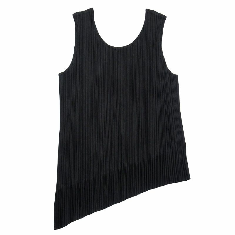 美品 15ss プリーツプリーズ PLEATS PLEASE イッセイミヤケ ISSEY MIYAKE プリーツ加工 タンクトップ ノースリーブ  カットソー アシンメトリー 3 黒 ブラック レディース ◆12