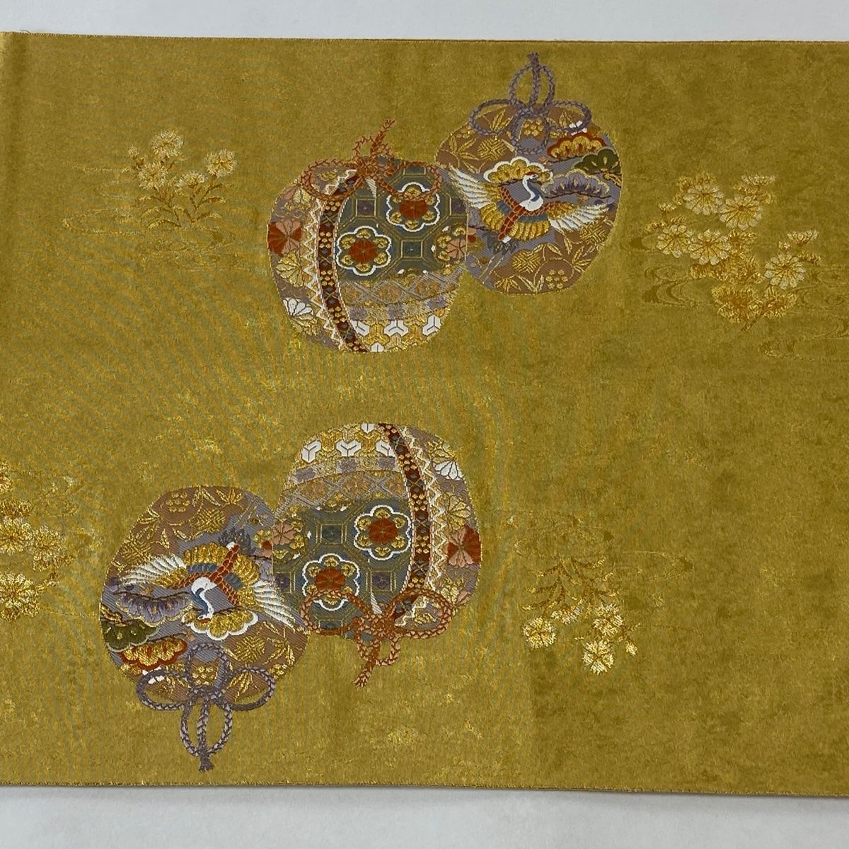 H-648 袋帯 正絹 お太鼓柄 金糸 箔 華模様 花丸模様 扇柄 金 袋帯 美品 名品 長嶋成織物 落款 瀞金錦 関西仕立て お仕覆 草花