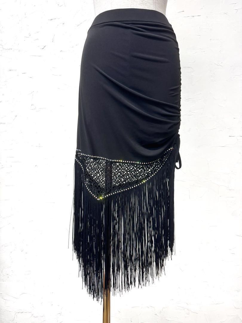 ラテン】新品ラインストーン フリンジ付き社交ダンススカート 黒r280