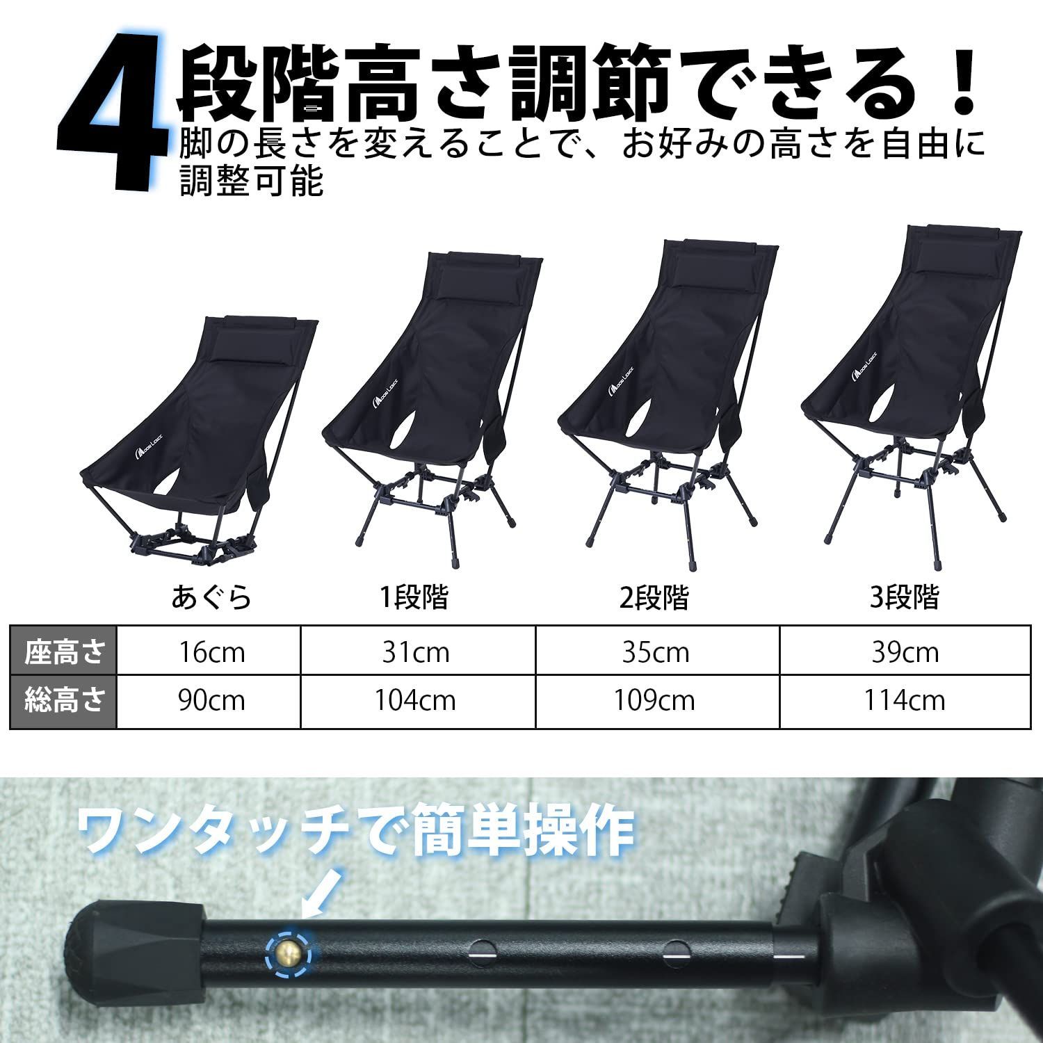 新着商品 グランドチェア 折りたたみ あぐらチェア 椅子 軽量 キャンプ コンパクト 四段階高さ調節 ハイバック 枕付き アウトドアチェア LENCE 耐荷重180kg MOON