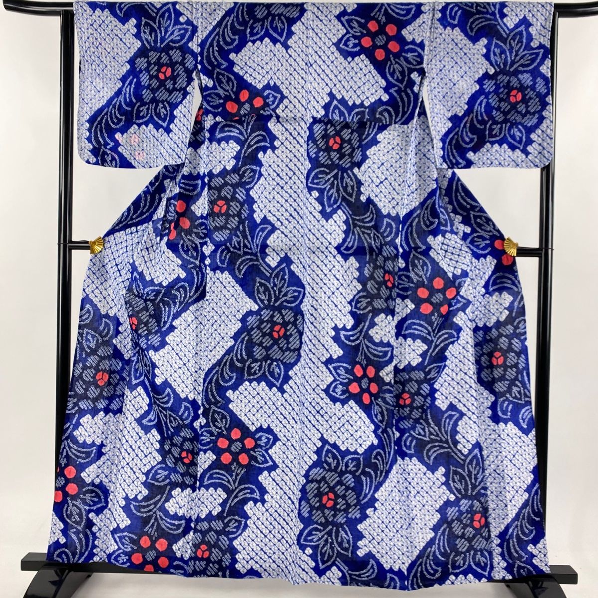 浴衣 身丈158cm 裄丈65cm M 絞り浴衣 草花 絞り 青 綿 名品