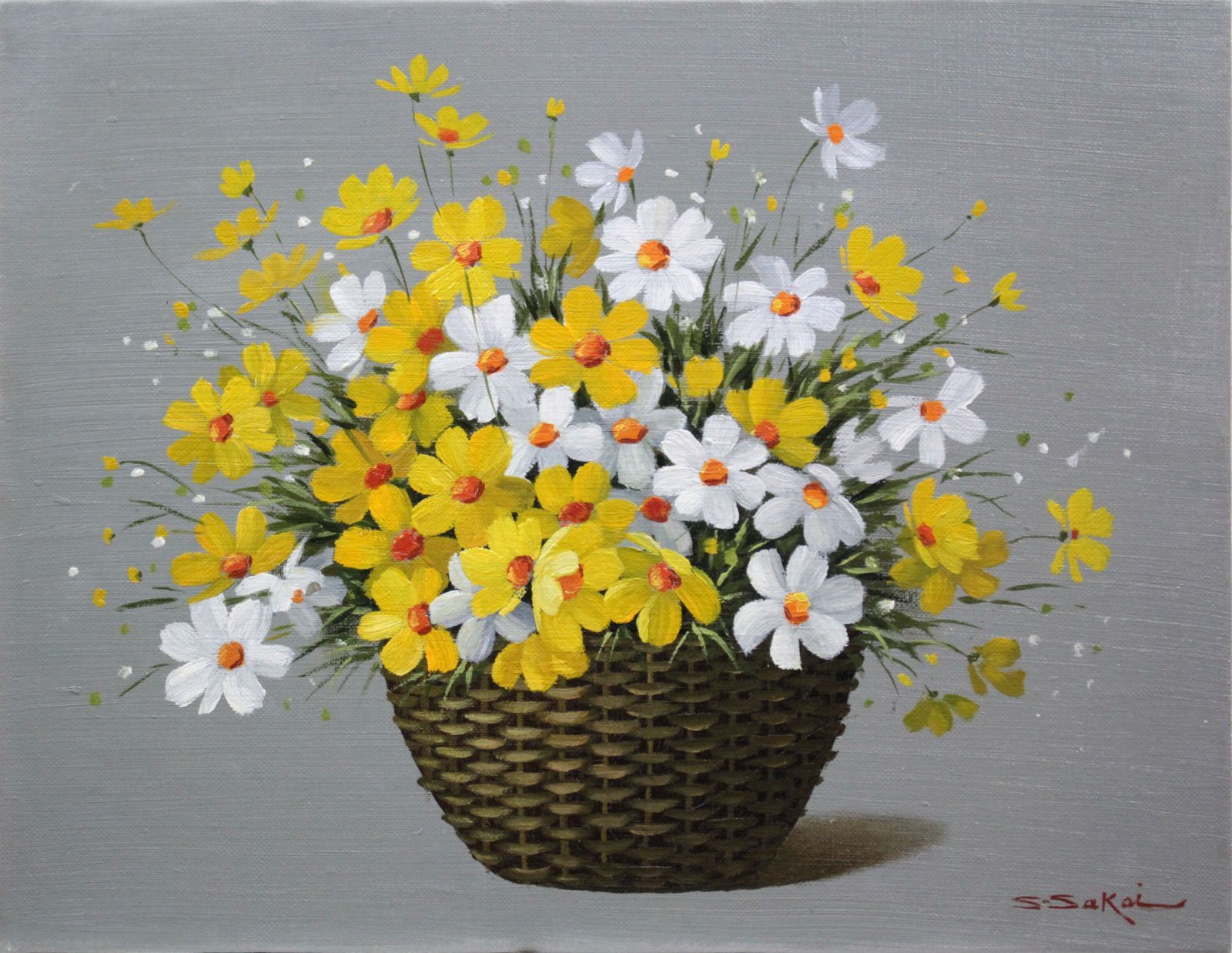 酒井修一郎『コスモス』油彩画【真作保証】 絵画 酒井修一郎 『コスモス』 油彩画 - 北海道画廊