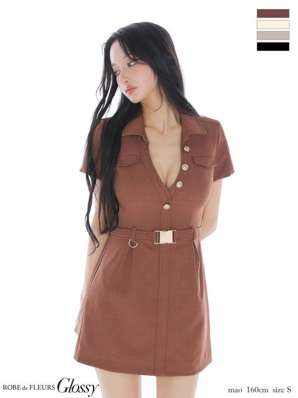 ブラウン GL3960-BR-2510 Glossy|グロッシー Vネック| バストカット| ベルト付き| タイト| ミニドレス| キャバドレス