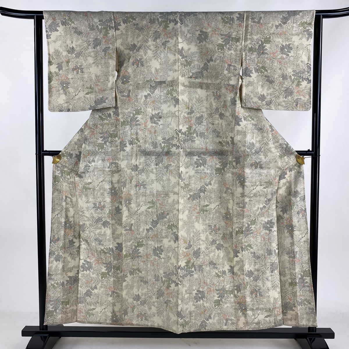 小紋 身丈157cm 裄丈63cm S 単衣 生紬地 草花 ベージュ 正絹 秀品