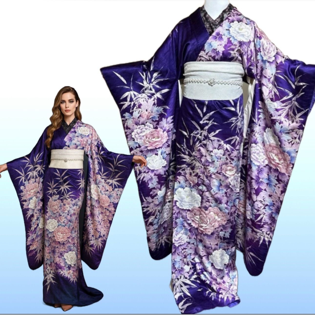 トール 美品 振袖 フルセット 身丈168 正絹 furisode 薄紫 流水 くすみカラー古典 水色/淡い色/アイスブルー 牡丹柄 清楚 爽やか