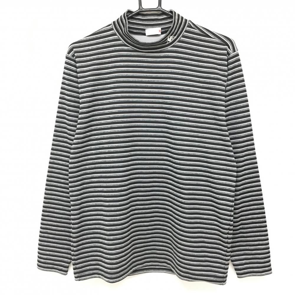 【超美品】ルコック 長袖ハイネックシャツ 黒×グレー ボーダー 裏微起毛 ネック刺しゅう メンズ M ゴルフウェア le coq sportif