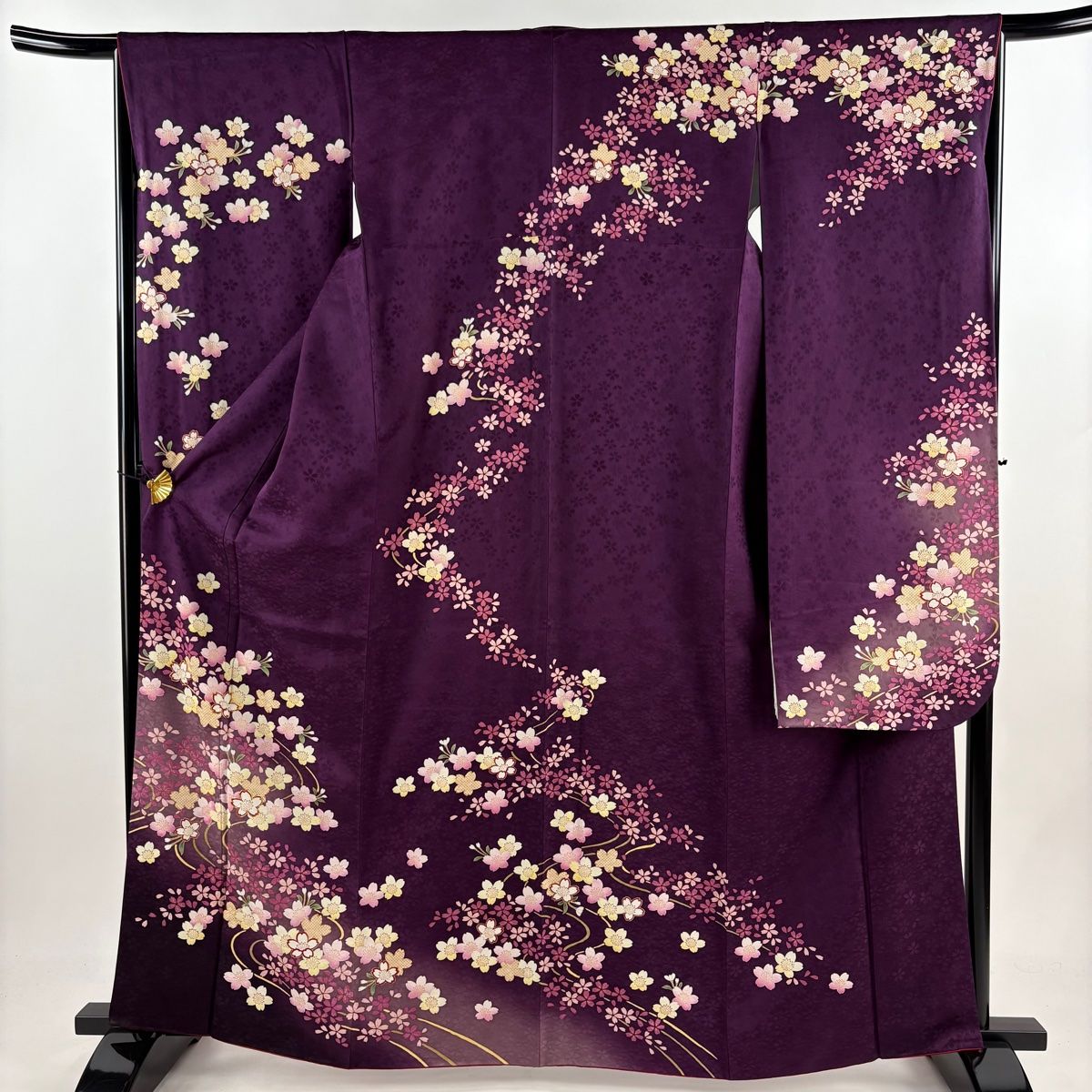 振袖 身丈162cm 裄丈65cm M 袷 桜 流水 金糸 金彩 紫 正絹 名品