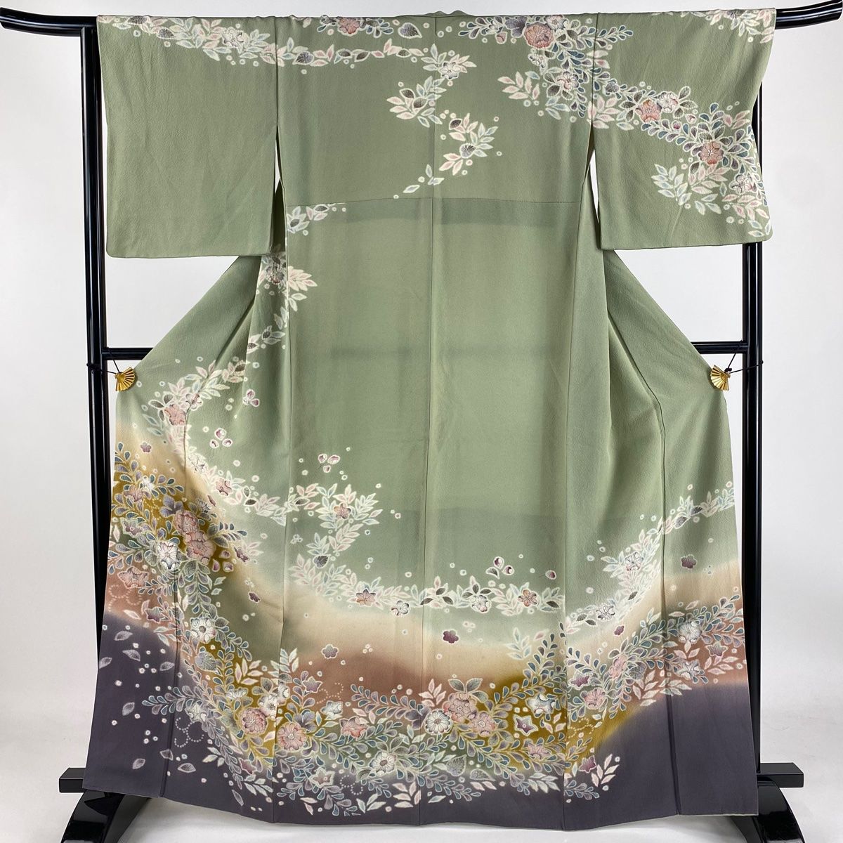 訪問着 身丈165.5cm 裄丈67cm M 袷 草花 辻が花柄 ぼかし 薄緑 正絹 名品 【】