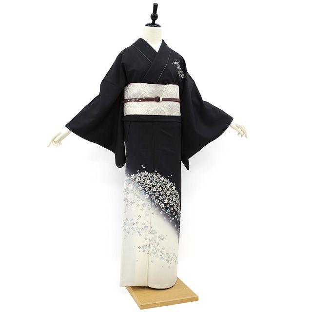 新古品】 訪問着 着物 未使用 正絹 袷 銀彩加工 黒 ぼかし染め