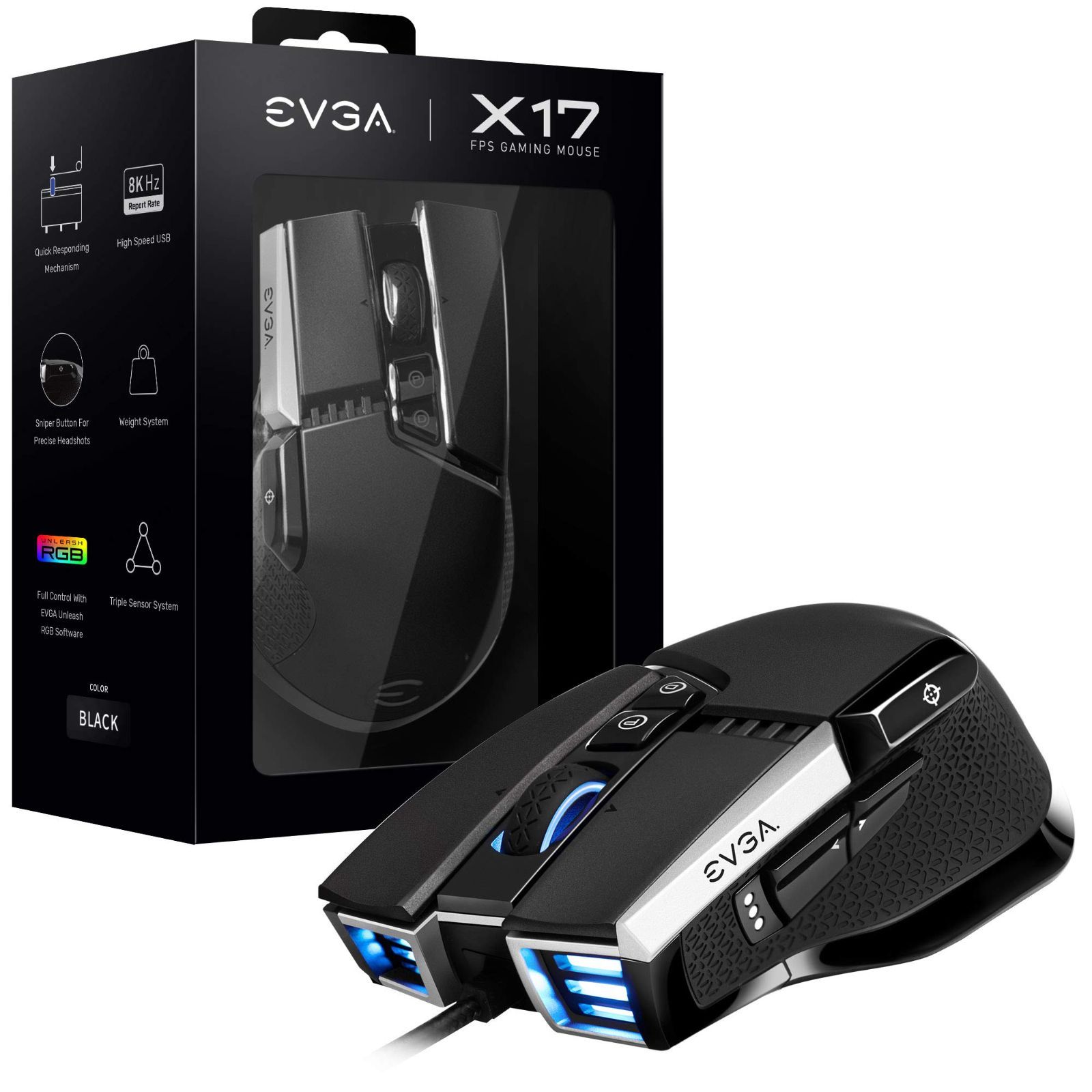 【在庫処分】ブラック カスタマイズ可能 有線 16DPI 5プロファイル ゲーミングマウス 1ボタン エルゴノミック EVGA 93-W1-17BK-KR
