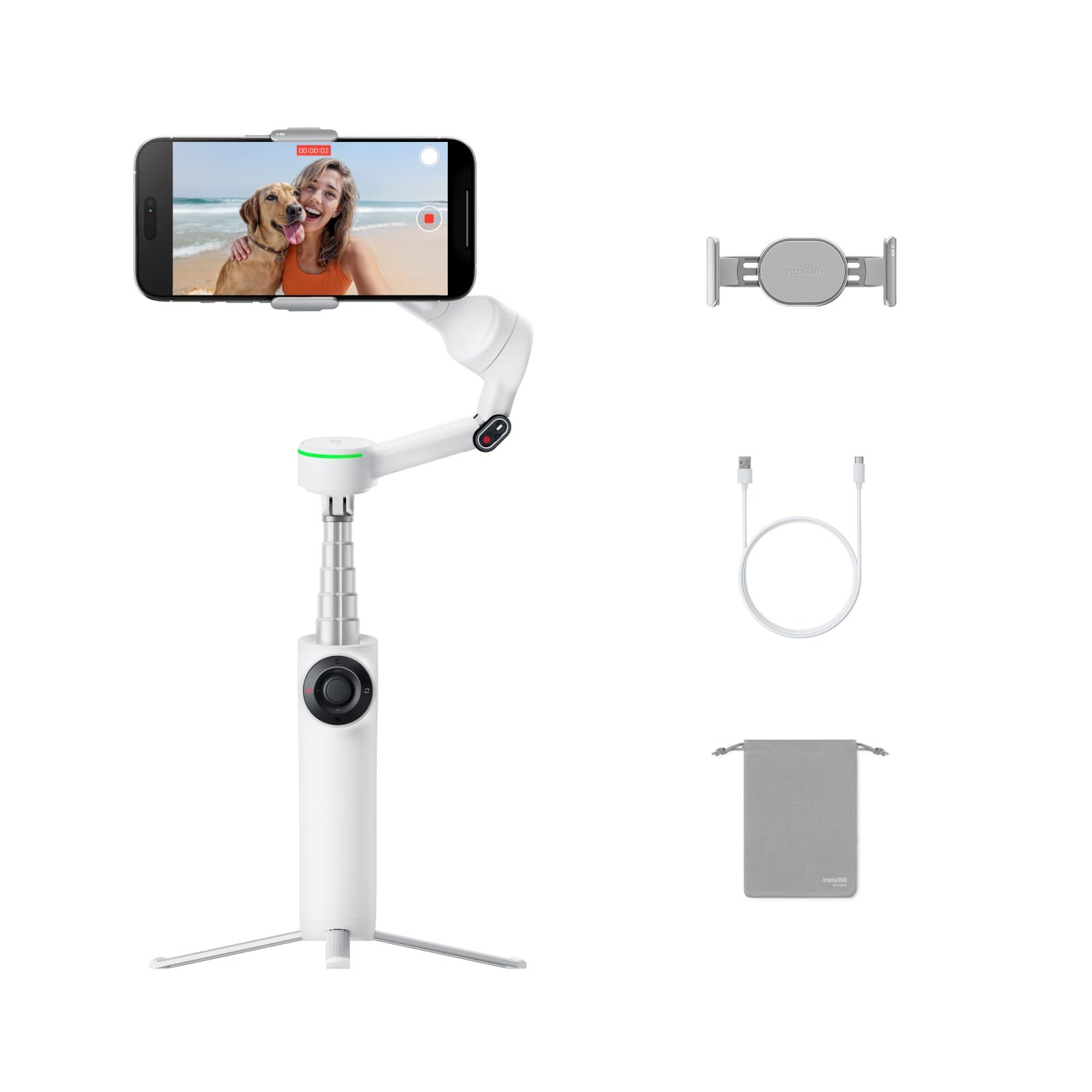 【新着商品】Pro 通常版 2 ホワイト - Flow 折りたたみ式AIスマホジンバル、Apple Insta360 DockKitで200以上のアプリでトラッキング、多人数トラッキング、360度パントラッキング、三脚/自撮り棒内蔵