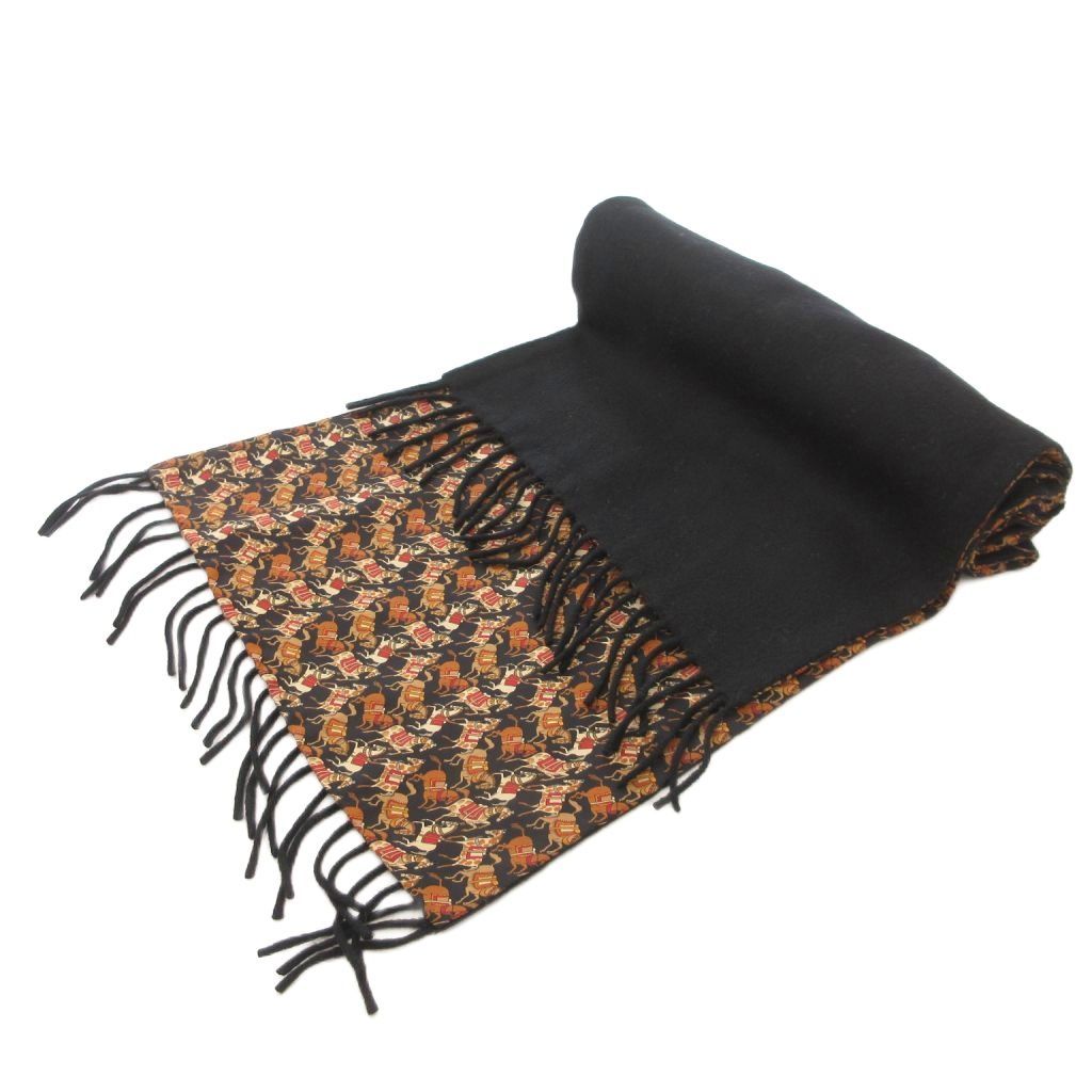 サルヴァトーレフェラガモ Salvatore Ferragamo マフラー 馬柄 フリンジ カシミヤ 黒 ブラック 茶 ブラウン AE