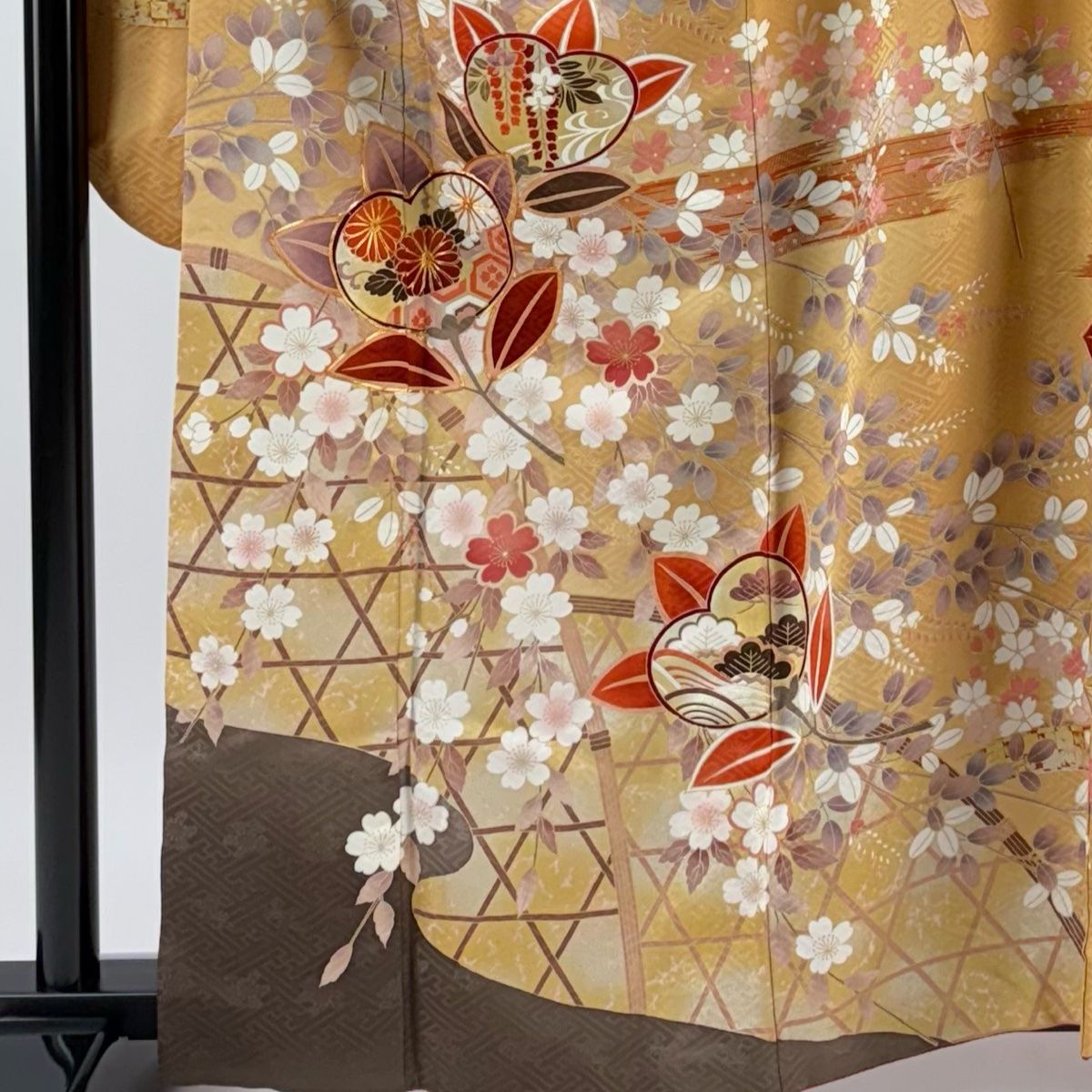 振袖 身丈160.5cm 裄丈66cm M 袷 橘 桜 金糸 金彩 山吹茶色 正絹