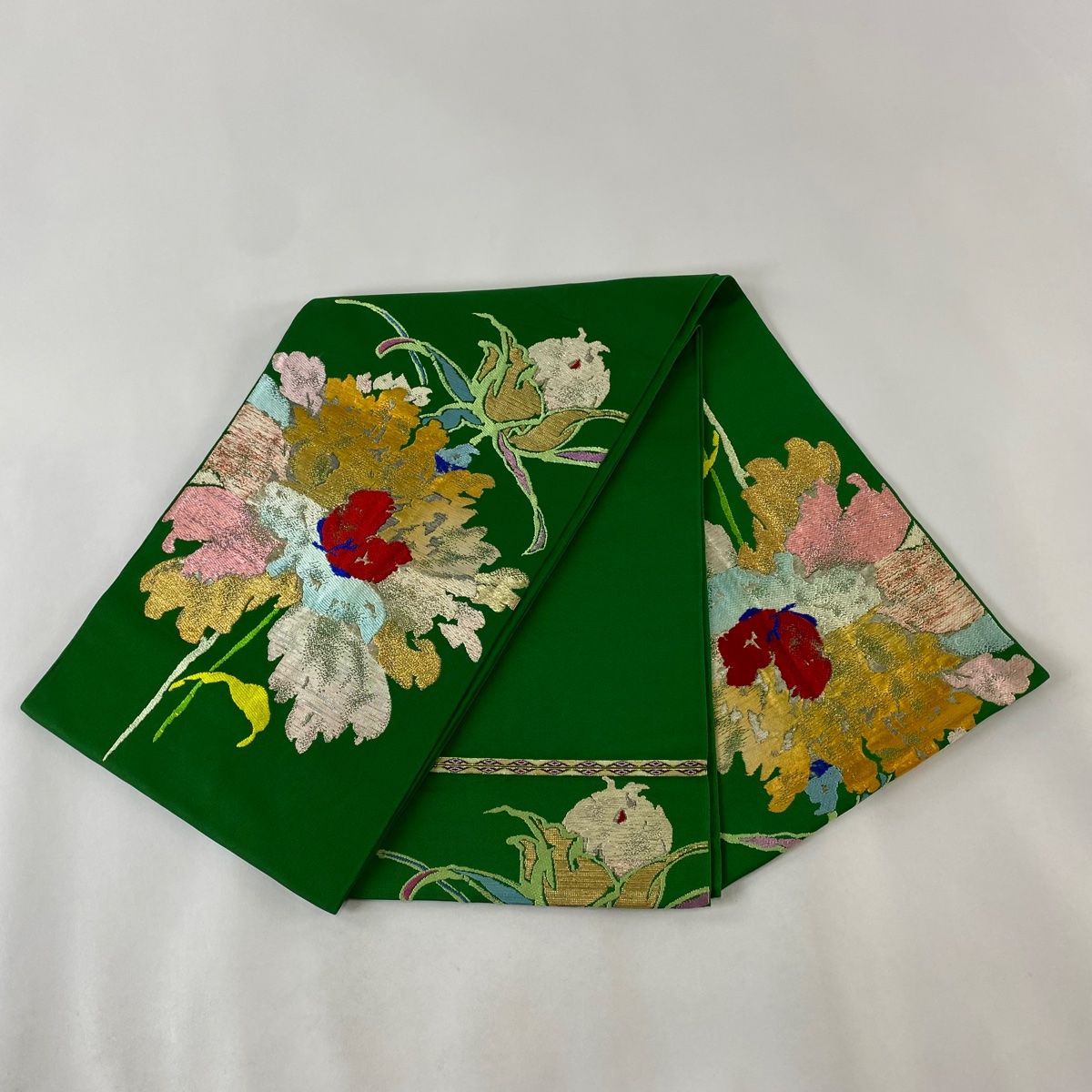 龍村 袋帯 緑 金 袋帯 美品 逸品 龍村晋 落款 花唐草 縞 金糸 箔 青緑 全通 正絹