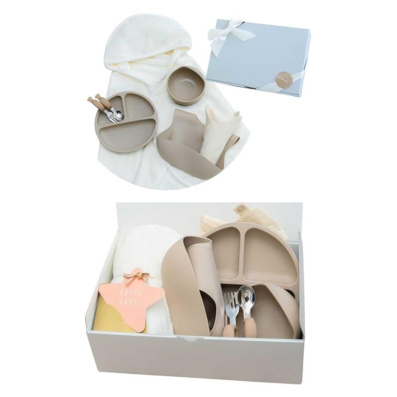 rinaty 6点セット 出産祝い 男の子 女の子 離乳食 食器 おくるみ 新生児から5歳まで長く使えるギフト ベビーバスローブ フード付きバスタオル ベビーギフト マントタイプ フードバスタオル ホワイト