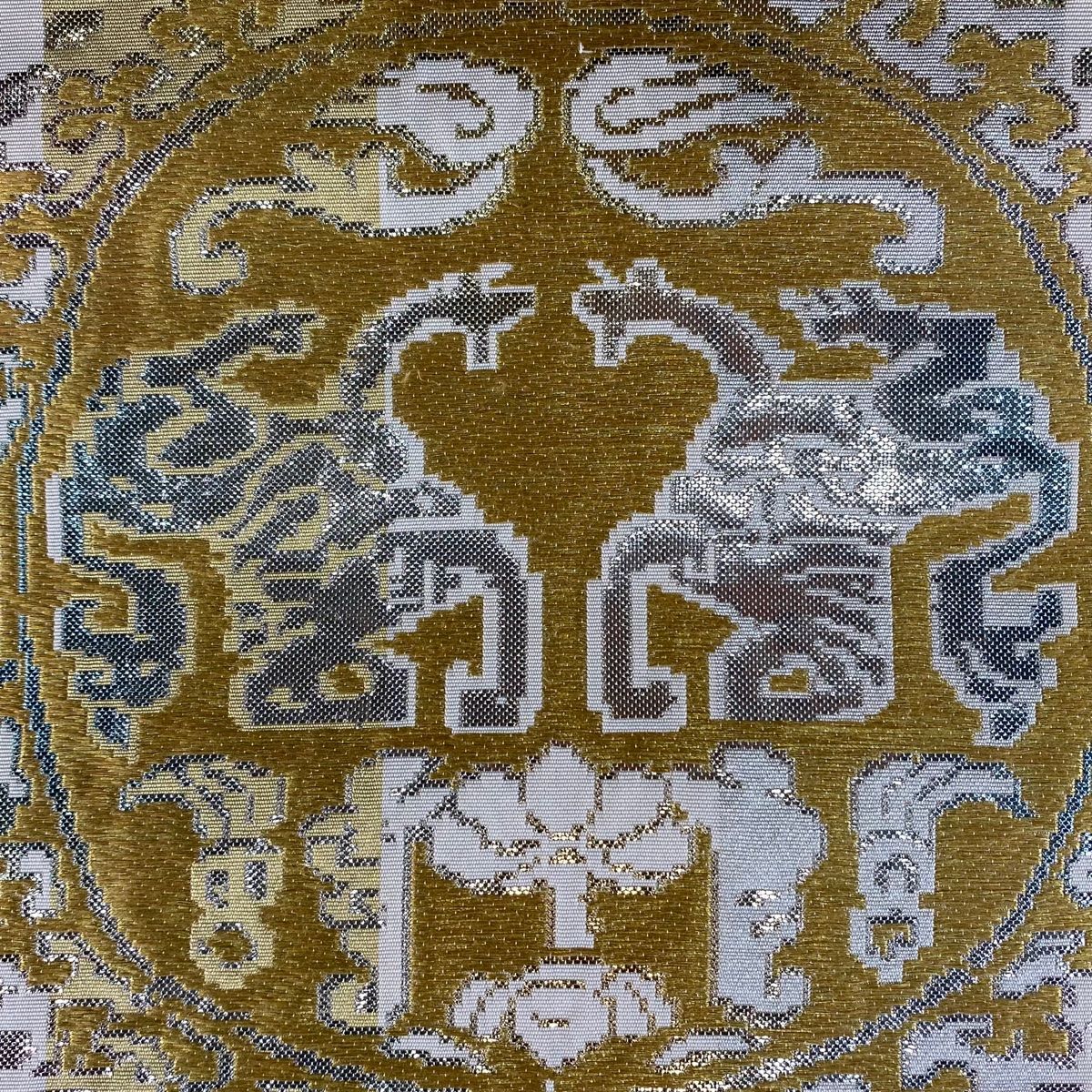 袋帯 龍村平蔵 落款 円文白虎錦 箔 クリーム 六通 正絹