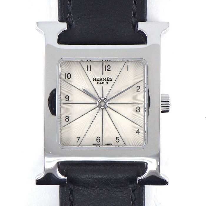 エルメス HERMES 腕時計 Hウォッチ ドゥブルトゥール HH1.210 スクエア シルバー ヴァーグ ギョーシェ文字盤 SS ブラック レザーベルト クオーツアナログ