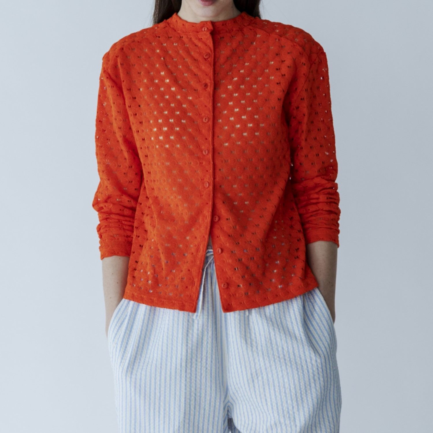MEYAME メヤメ FRONT & BACK LACE PULLOVER ORANGE レースプルオーバー