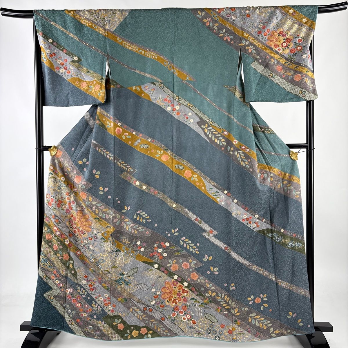 訪問着 身丈161cm 裄丈68.5cm L 袷 菊 草花 金彩 灰緑 正絹 秀品