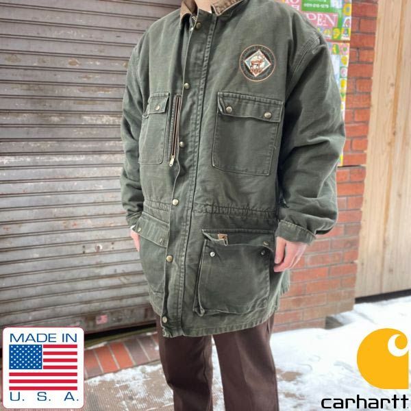 90's USA製 カーハート XL ダックジャケット ワーク チョアコート 90s USA製 carhartt カーハート コットン ダック コート 緑系 XXL/2XL