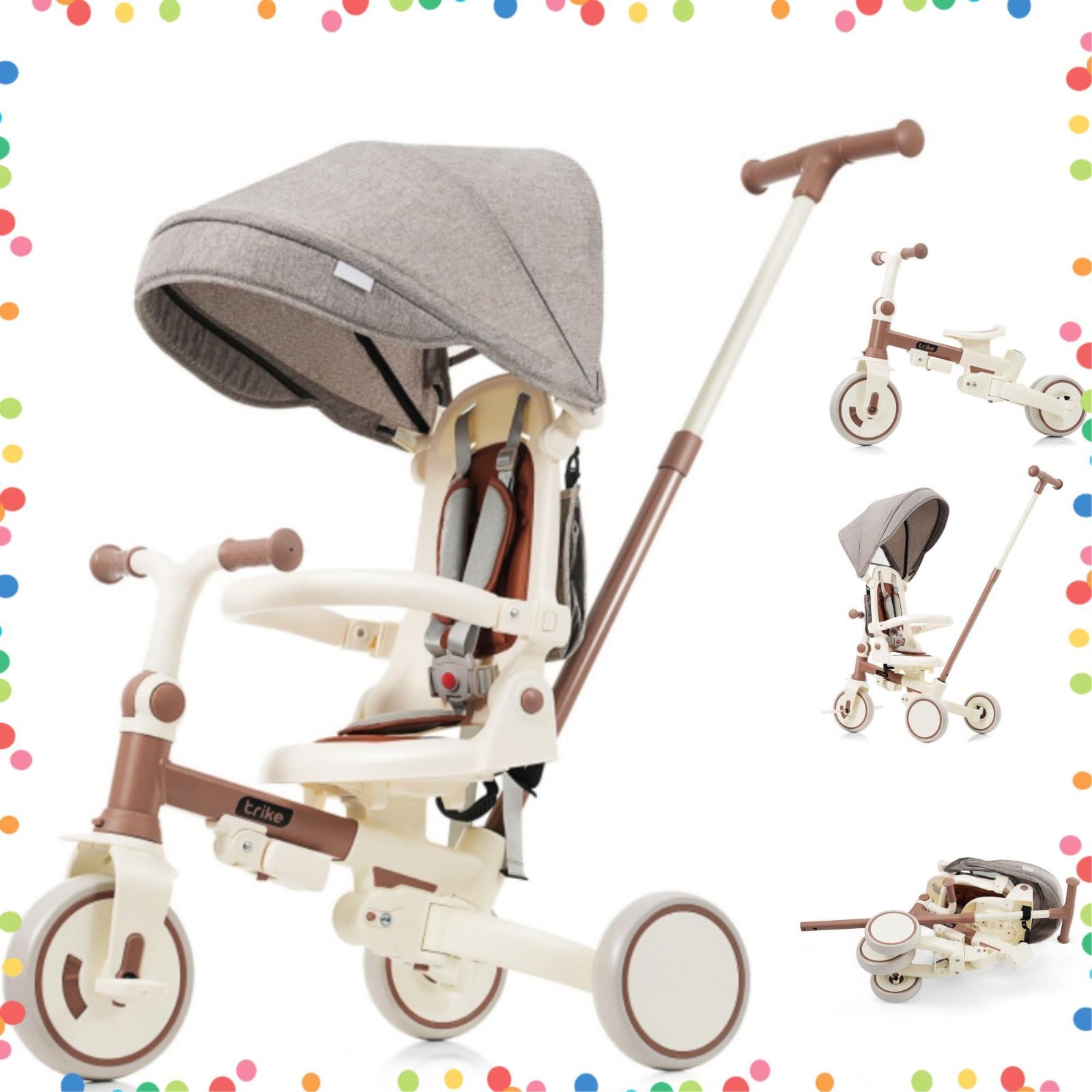 折りたたみ 手押し 7in1 7way 1 3歳 子供用三輪車 座面回転 自転車 BTM おもちゃ ブラウン