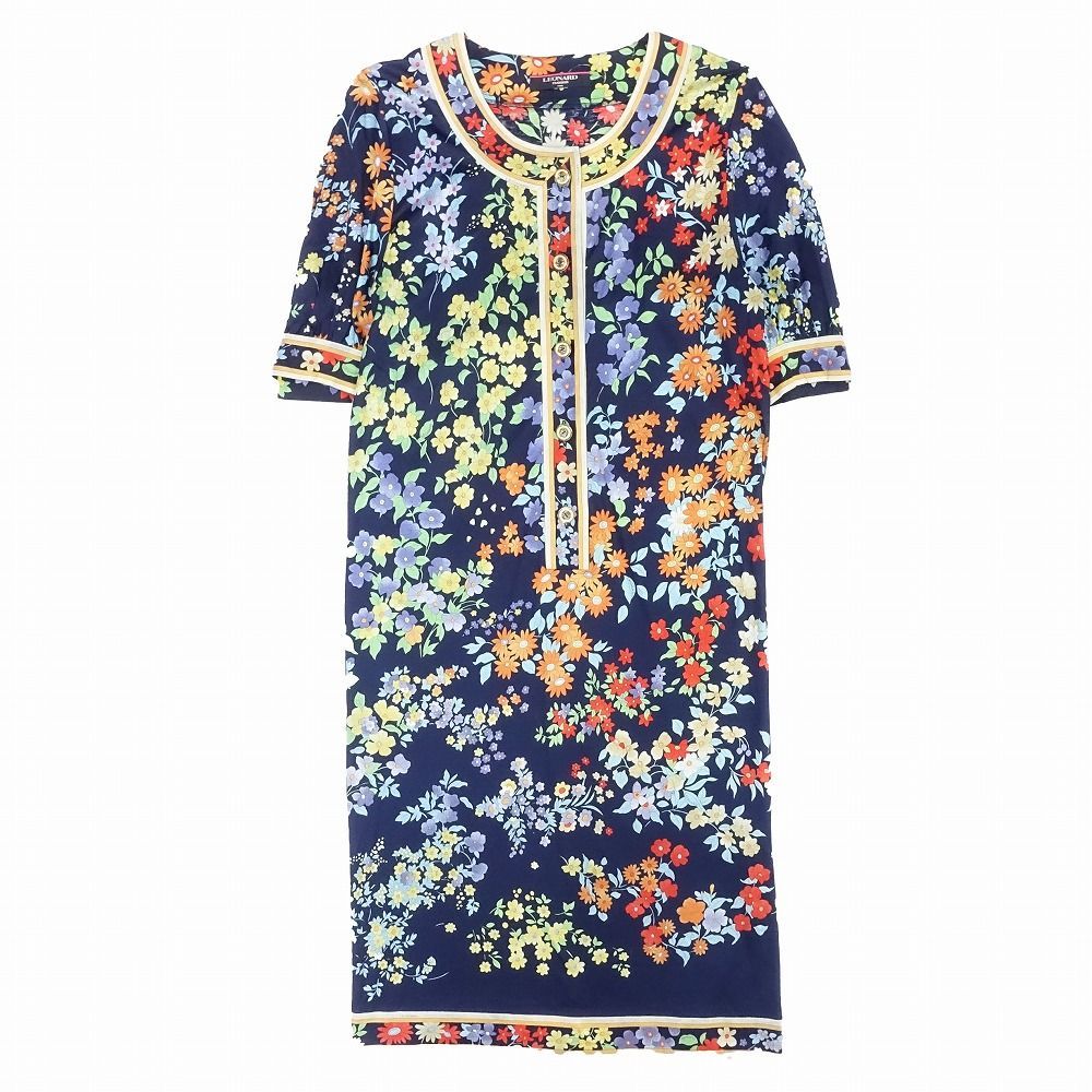 LEONARD FASHION 半袖ワンピース フラワープリント LEONARD フラワープリント ワンピース LL 極美品◎LEONARD FASHION