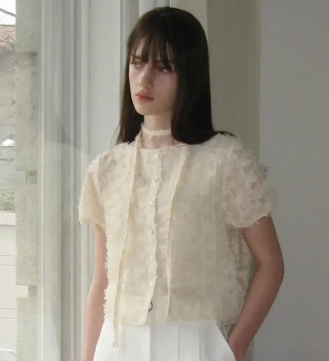 LETTER FROM MOON ヘアリー シースルー スカーフ ブラウス クリーム Free