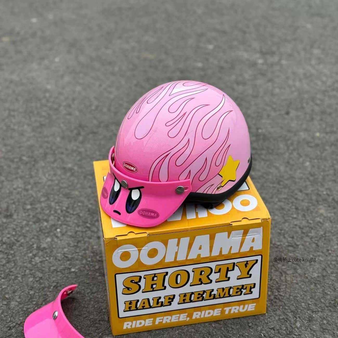 OOHAMA ピンクレトロヘルメット 星柄 炎デザイン付き ハーフヘルメット 半キャップ 半ヘルヘルメット レディース バイク用 3C認証済