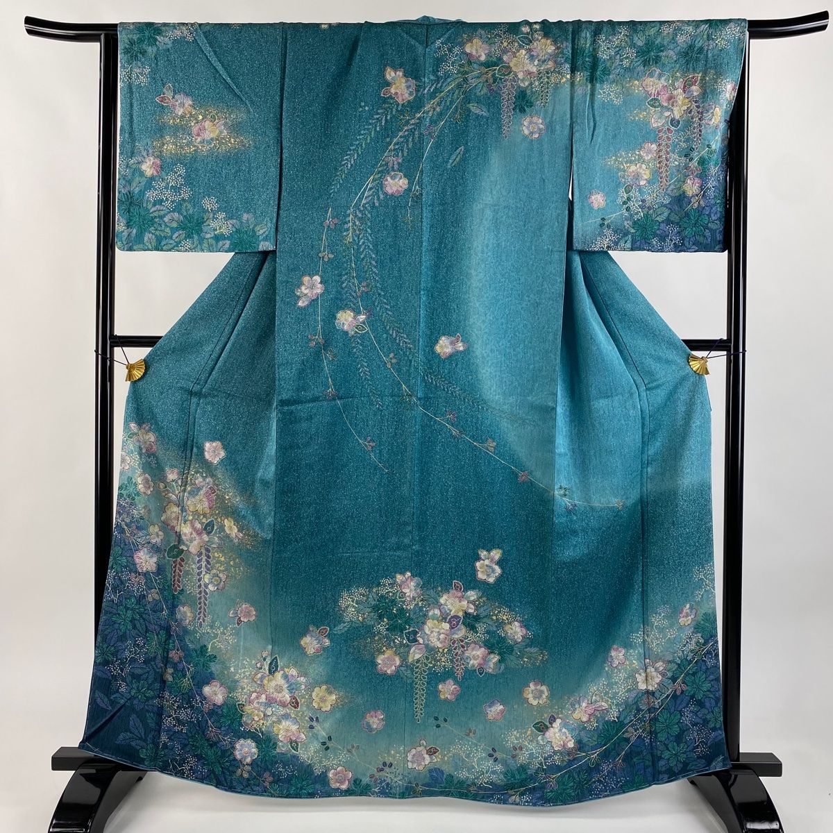 訪問着 身丈162cm 裄丈65cm M 袷 鈴乃屋 辻が花柄 ラメ 金銀彩 青緑 正絹 名品