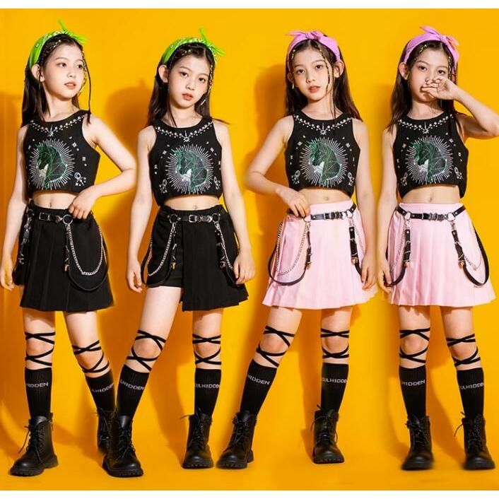 子供ヒップホップダンス衣装 ロックｔシャツ フェイクダイヤ付きタンクトップ ベルトあり女の子ジャッズダンスHIPHOP ショート丈スカート 春秋夏 舞台演出