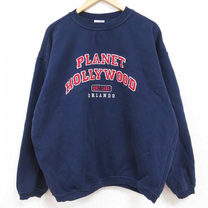 XL/古着 長袖 スウェット メンズ 90s プラネットハリウッド 大きいサイズ コットン クルーネック 濃紺 ネイビー spe 24jan18 中古 スエット