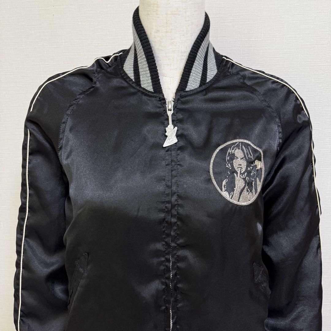 Hysterics ヒステリックス スカジャン ブラック 刺繍 ギター柄 ラメリブ ジップアップジャケット 光沢サテン地 サイズ ヒステリックグラマー