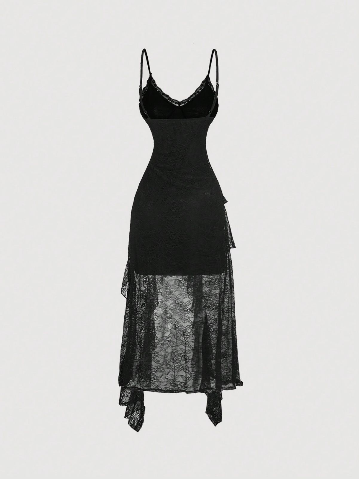 黒いレースストラップドレス Lace Ladies ドレス 花柄レースIラインハイネックケープ風