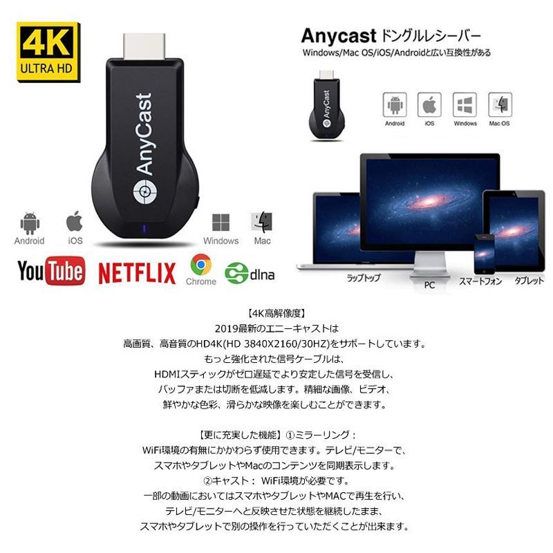 AnyCast 2.4G ワイヤレス ディスプレイアダプター 4K ドングル