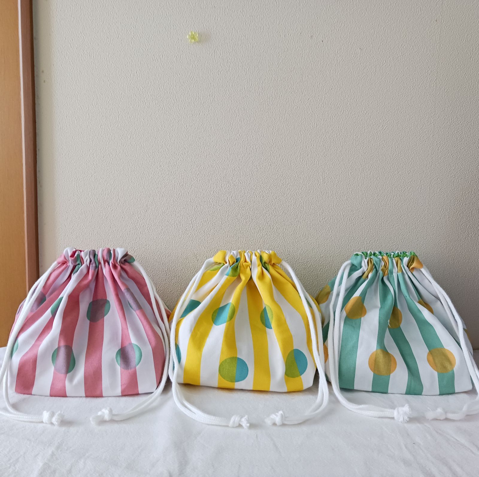 お弁当袋 ストライプ✕ドット 2色セット ピンク&イエロー&グリーン 