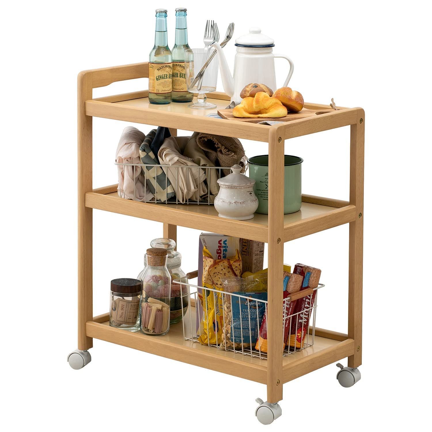 数量 キャスター 大容量 取っ手 15kg 耐荷重 付き 天然木 幅59 3段 奥行34 カート 収納 高さ72.5 隙間 ナチュラル キッチンワゴン VW-7977NA 萩原