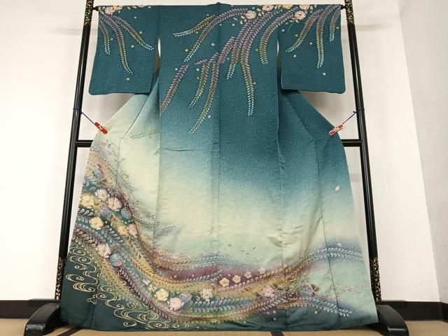 平和屋着物●訪問着　作家物　泰常　紬地　辻が花　暈し染め　正絹　逸品　AAAU8406zg 平和屋着物○訪問着 作家物 泰常 辻が花 絞り 暈し染め 金彩 銀通し地