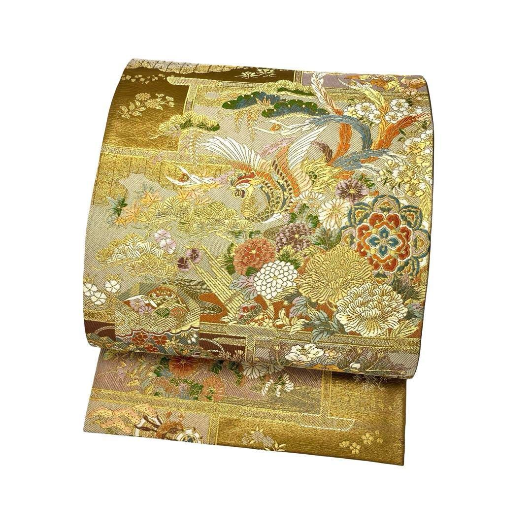 袋帯 秀煌錦織 美しい鳳凰 貝桶に花模様 金糸 金色 O-4138 - メルカリ 