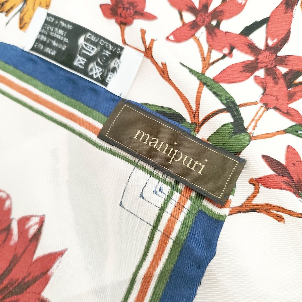チェリーさまmanipuriシルク100%花柄スカーフマニプリオレンジ大人気 セール 30%OFF】【manipuri/ マニプリ】レザー付きシルク