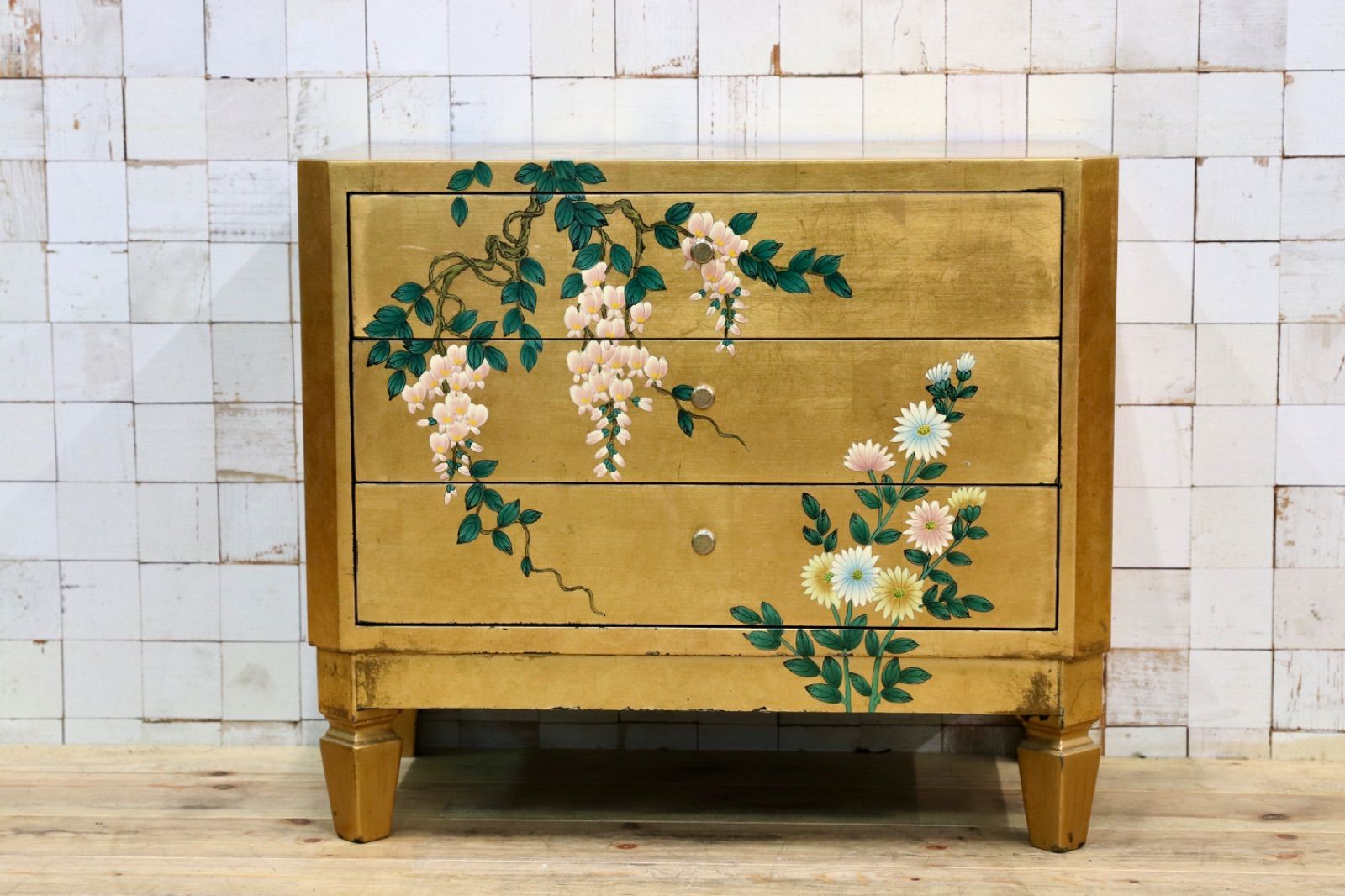 GMIS302○中国美術 民藝 アンティーク サイドキャビネット サイドボード チェスト 引き出し収納 ゴールド 李朝家具