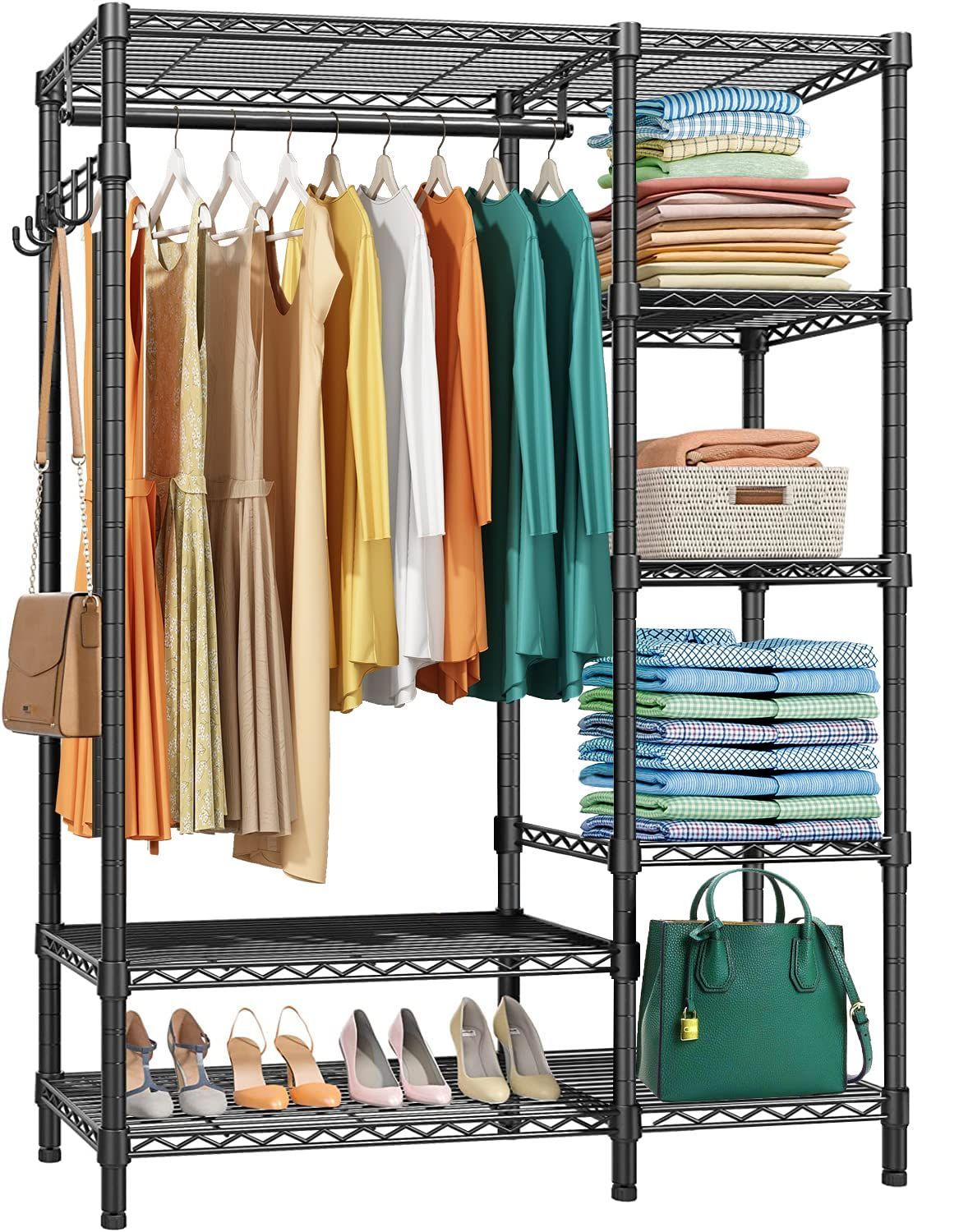 在庫セール 幅114×奥行40×高さ180cm ブラック 棚付き 大容量 棚板高さ調節 コート掛け 省スペース 衣類収納 コートハンガー ハンガーラック ワードローブ