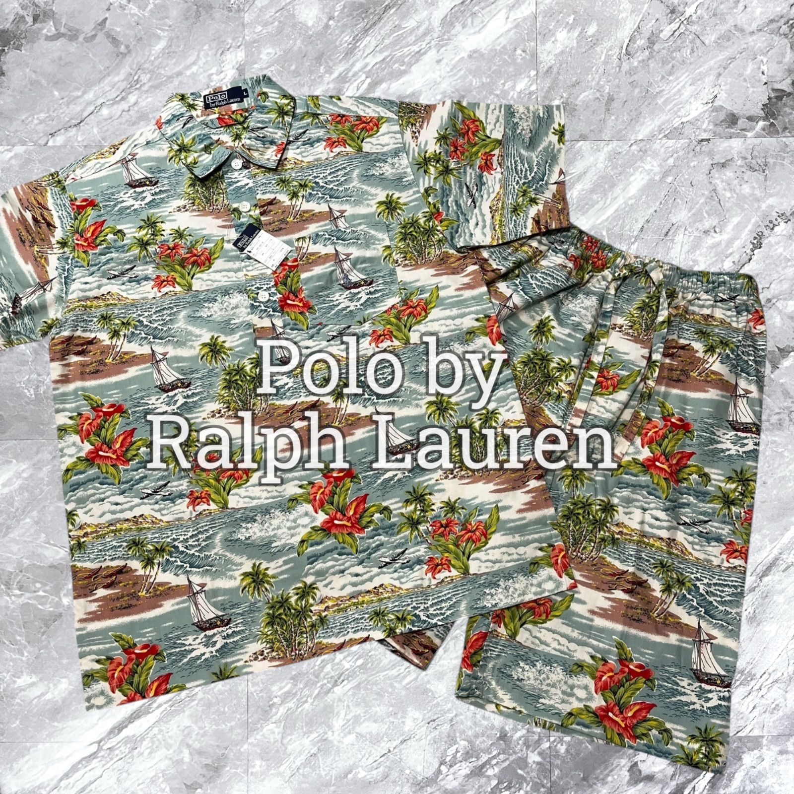 ♥タグ付き Polo by Ralph Lauren ポロバイラルフローレン セットアップ アロハ ハワイアン 半袖 ハーフパンツ ウエストゴム 総柄 コットン 綿 マルチカラー ブルー系 青色系 サイズL