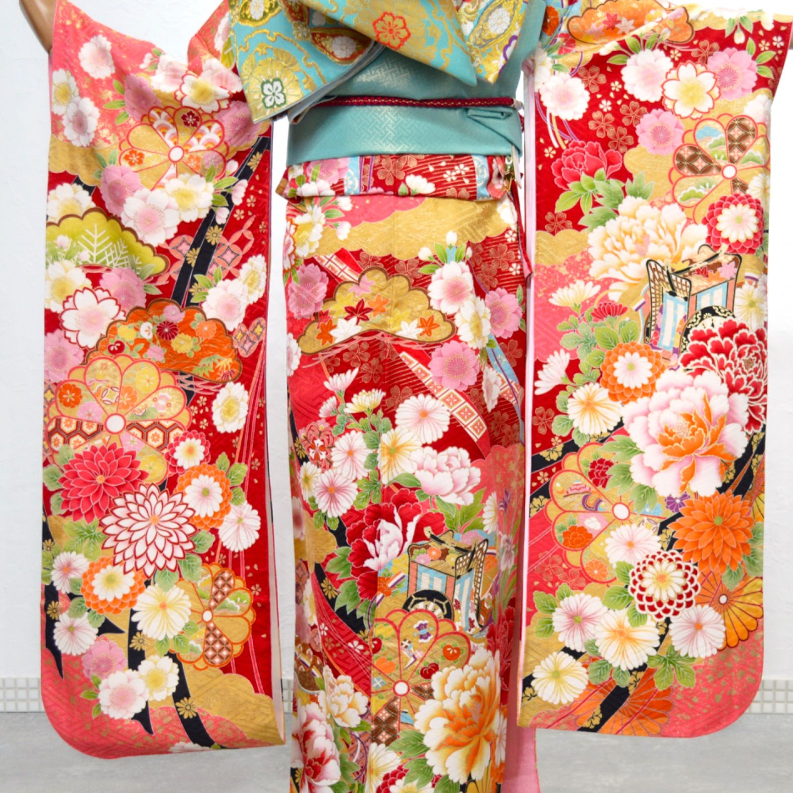 お振袖フルセット 7点セット オレンジ 縮緬 梅菊 正絹 美品 美品》正絹