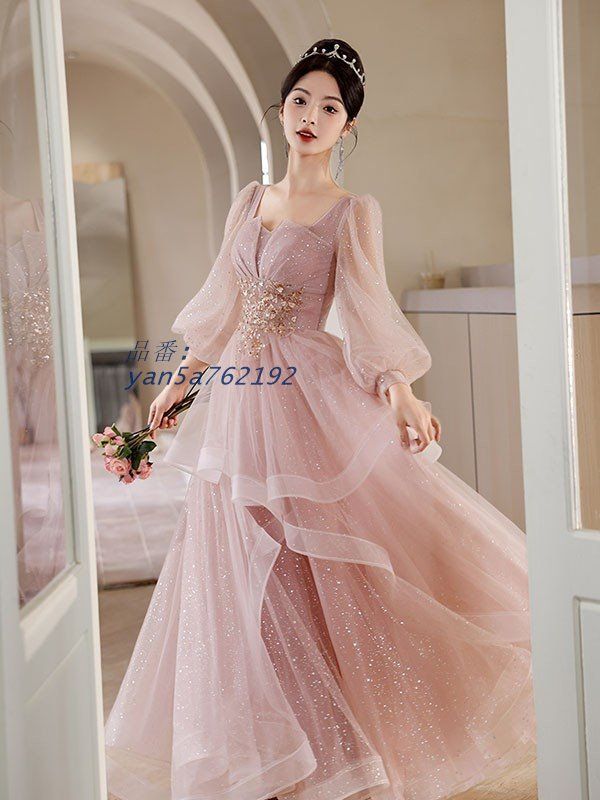 ドレス 大人 ピアノ 発表会 ロングドレス 小さいサイズ キラキラ 結婚式 演奏会 長袖 袖付き yan5a762192