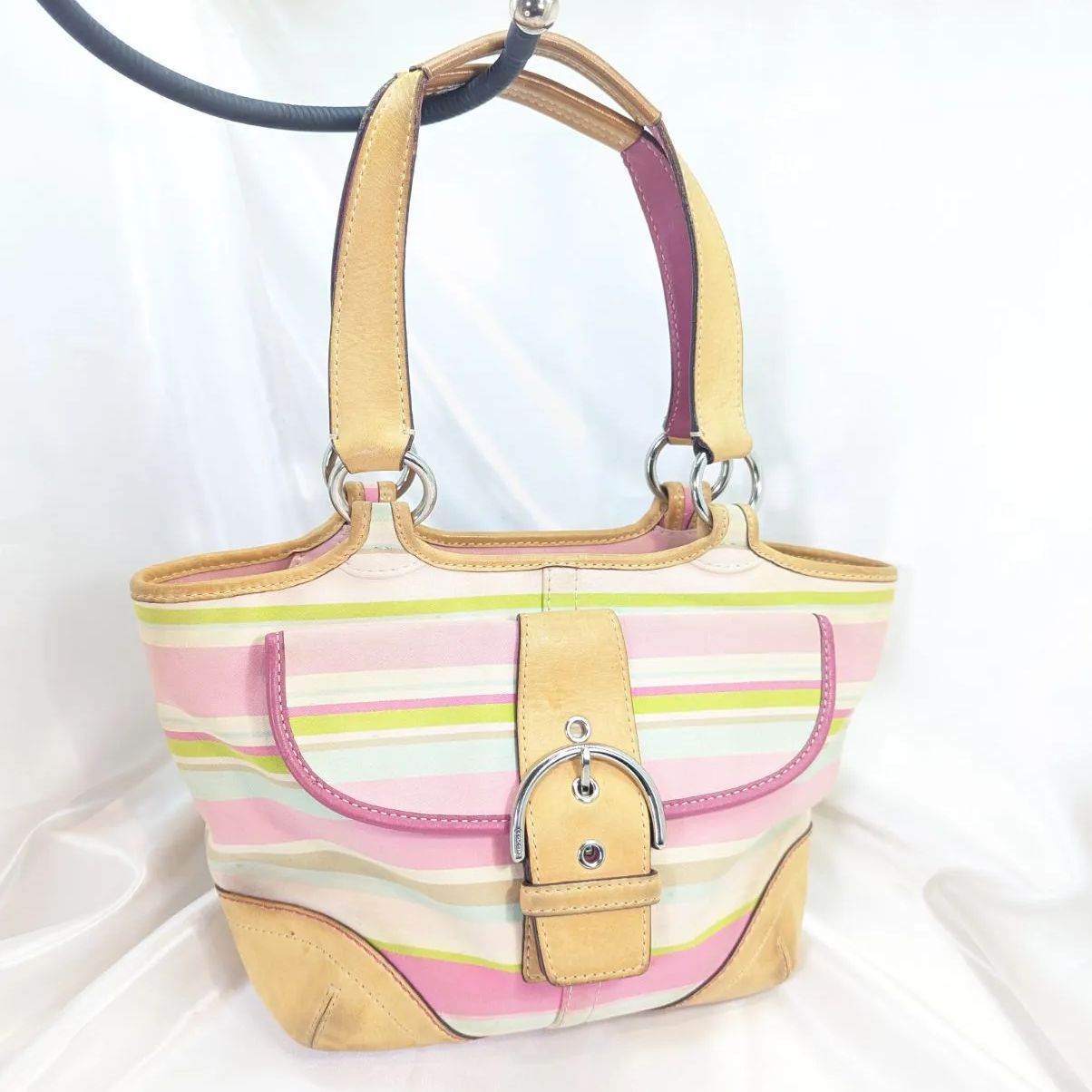 COACH】コーチ ボーダー切り替えハンドバッグ ベージュxマルチカラー 
